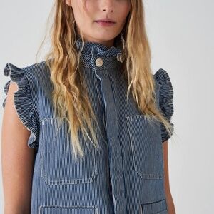 Navy Striped Ruffle Sleeve Blouse